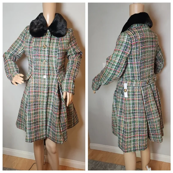 NWT Modcloth Multi Colored Tweed Flare Coat Removable Faux Fur Collar Small - Picture 4 of 16